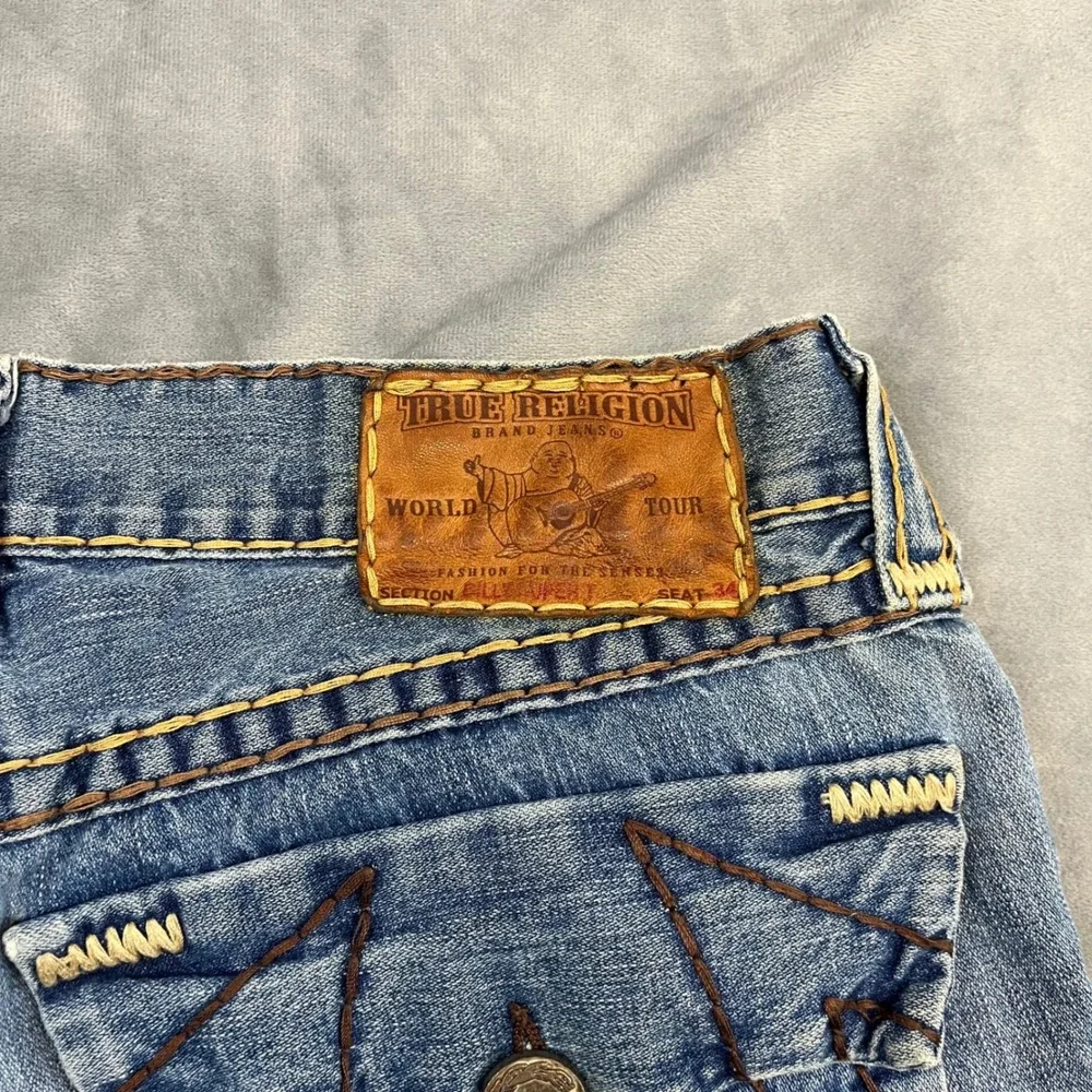 True Religion Denim Shorts Men's Size 34 Blue Big T Stitch Raw Hem Joey Cutoff